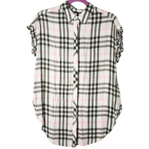 BUFFALO DAVID BITTON KHAKI BLUSH PINK & WHITE PLAID TOP SIZE MEDIUM